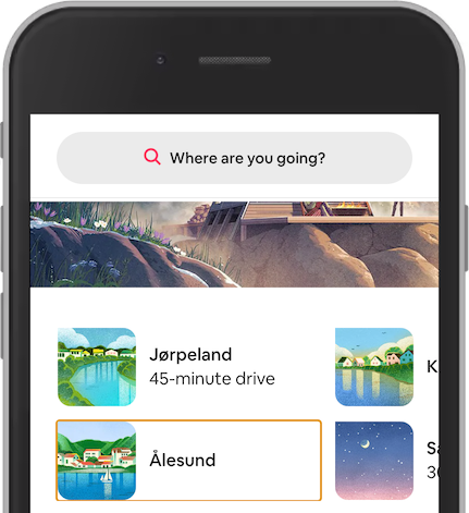 Ảnh chụp màn hình từ Airbnb đã được sửa đổi, hiển thị đường viền màu cam xung quanh liên kết có tiêu điểm Ålesund.