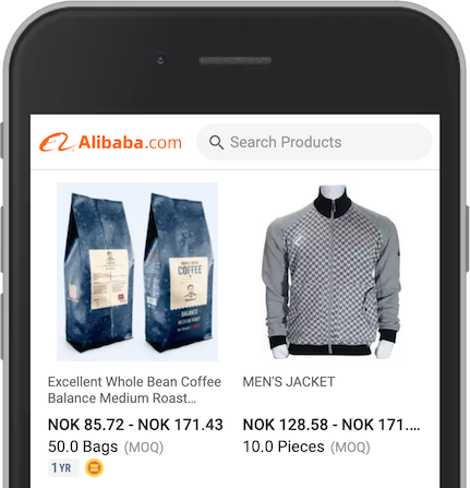 Ảnh chụp màn hình từ Alibaba trên điện thoại, hiển thị hai sản phẩm – cà phê và áo khoác.