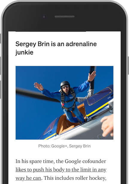 Ảnh chụp màn hình từ một bài báo trên Medium trong đó Sergey Brin đang nhảy dù từ trực thăng.