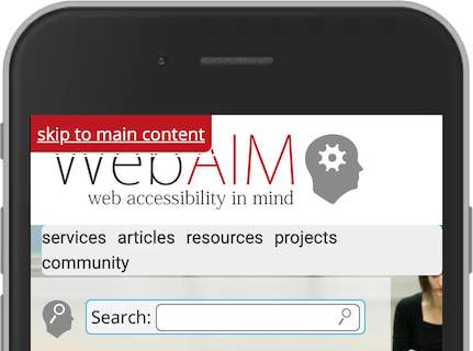 Ảnh chụp màn hình từ WebAIM, hiển thị liên kết chuyển đến nội dung chính ở góc trên bên trái.