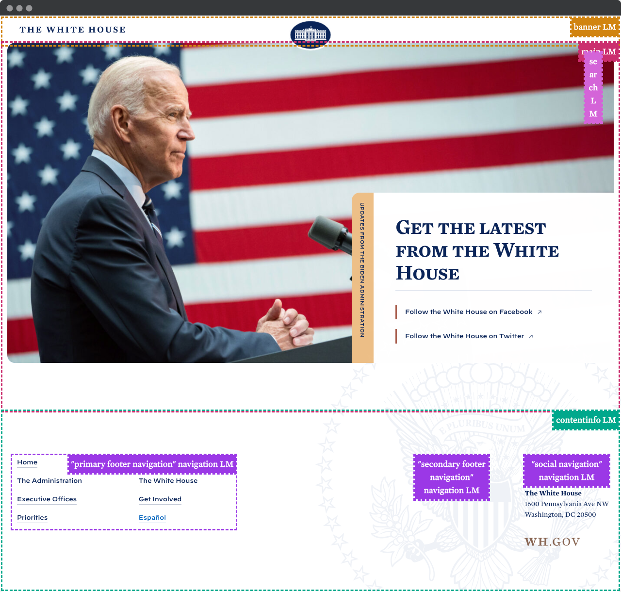 Ảnh chụp màn hình từ Whitehouse.gov, cho thấy trang được sắp xếp theo các mốc biểu ngữ, chính, tìm kiếm và thông tin nội dung.