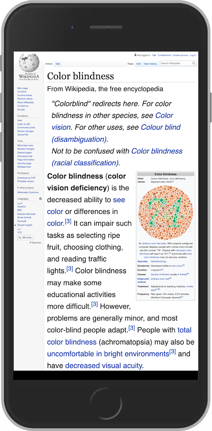 Ảnh chụp màn hình bài viết mù màu trên Wikipedia, hiển thị các liên kết màu xanh lam không có gạch chân.